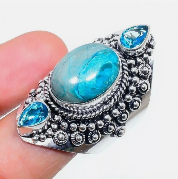 New Chrysocolla and Blue Topaz 925 Silver Statement Ring. - Picture 8 of 16